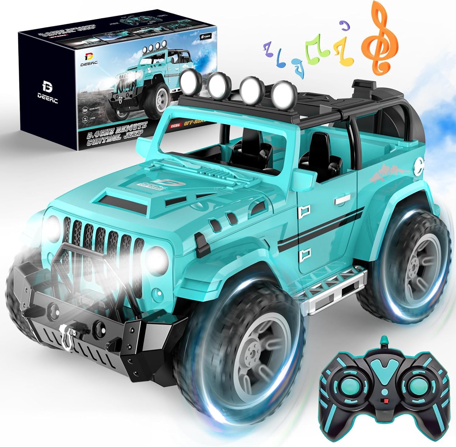 DEERC Ferngesteuertes Auto 1/16, RC Auto mit Licht, Nebel Sprühen, Klang, 2,4GHz All-Terrain-RC-Truck Rock, 2 Batterien 50 Minuten Spielzeit Ferngesteuerter Monstertruck für Jungen, Mädchen