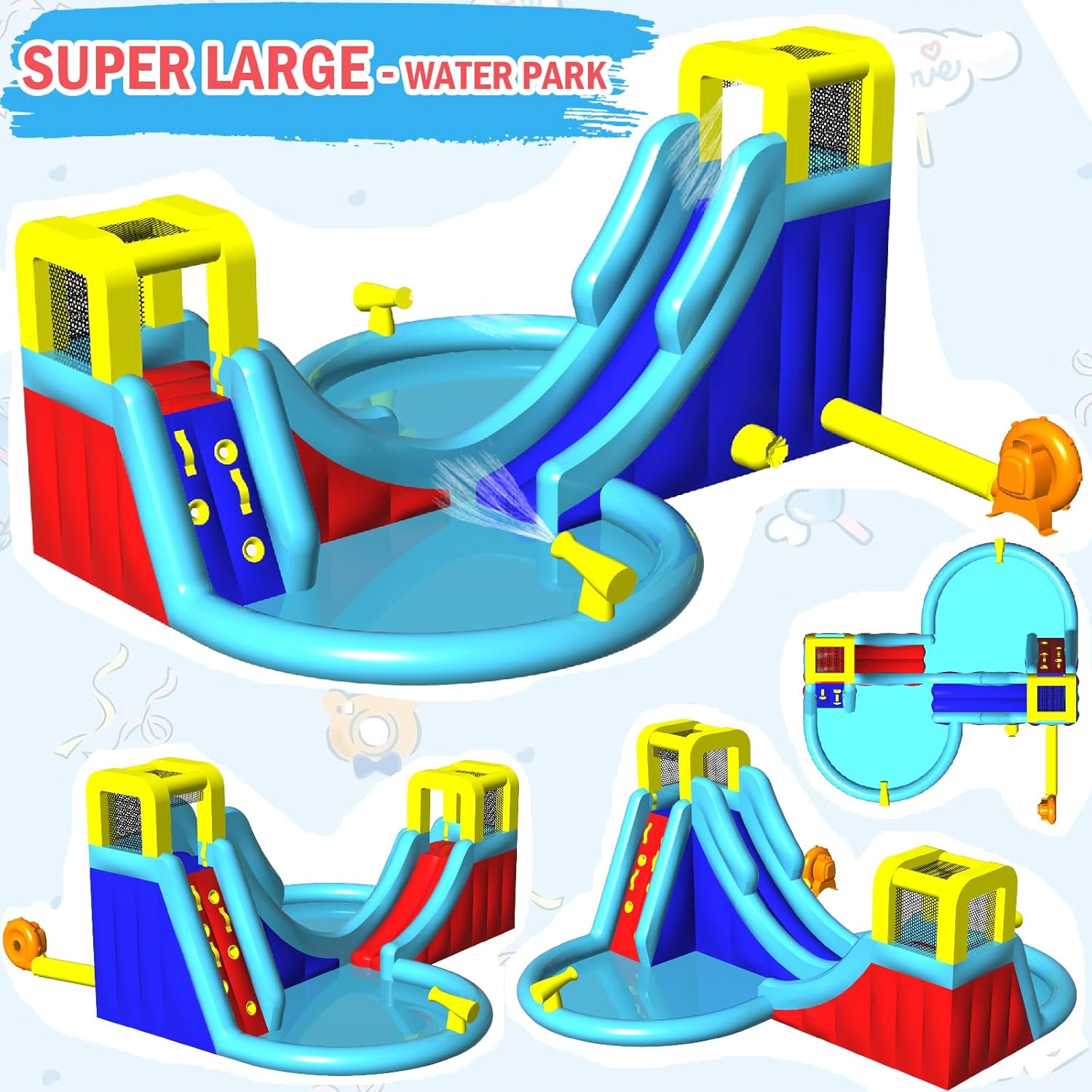 Big Inflatable Water Slides Park, AKEYDIY Inflatable Play Center Kiddie Slide with Pool, Heavy-Duty for Backyard Fun, Climbing Wall, 2 Slides, 2 Splash Pool – Easy to Set Up & Inflate with Air Pump