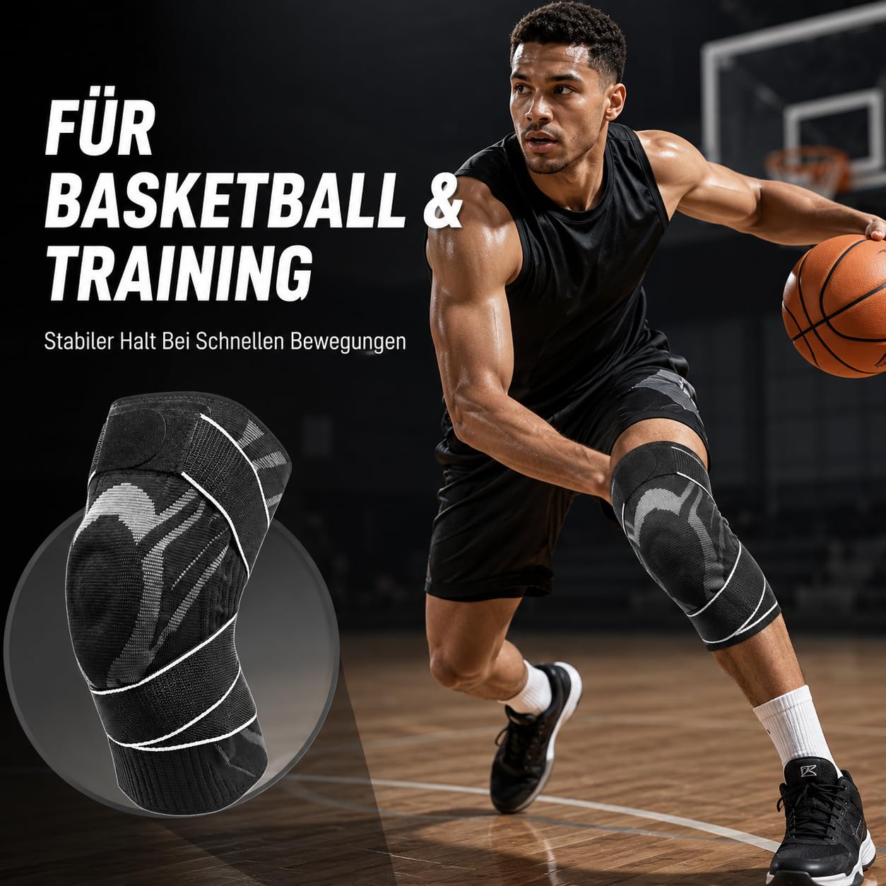 Anaconda Knee Brace Mit Drehverschluss, Einstellbare Kniebandage Mit Seitlichen Federn und Gel Patella Polster, Rutschfeste Kompressionsbandage Für Sport und Alltag (Schwarz,L)