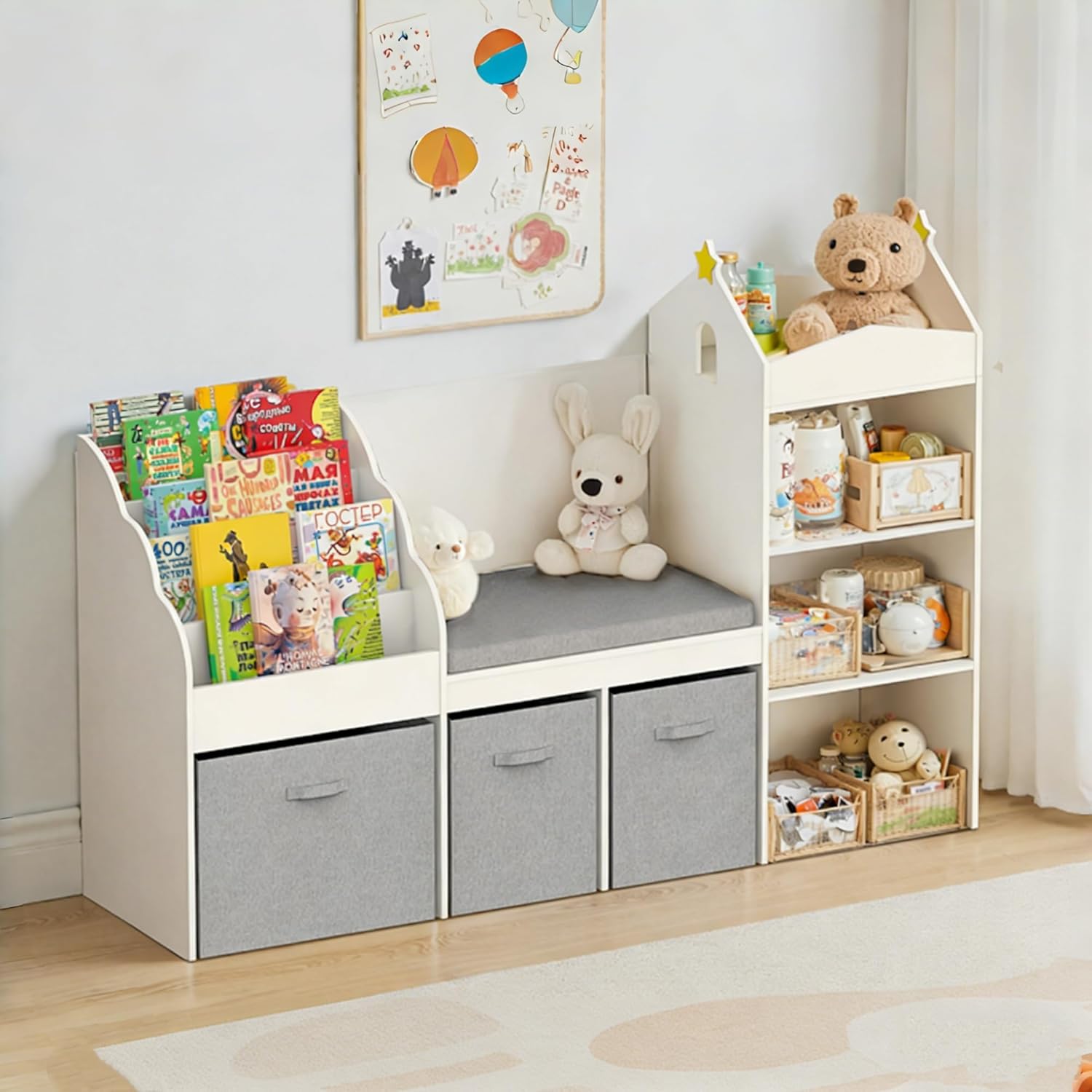 Kids Bookshelf with Reading Nook, Wooden Toy Storage Organizer with Cushioned Seat and 3 Fabric Drawers, Toddler Bookcase with Bench for Playroom, Bedroom, Nursery