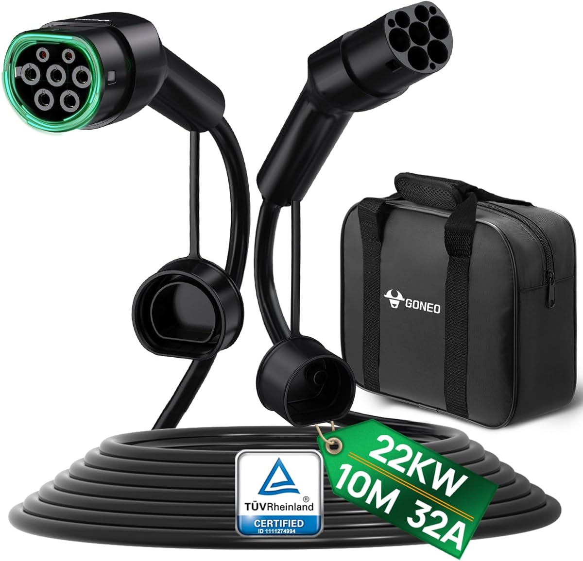 GONEO Type 2 Charging Cable 22kW 32A 10M 3 Phase Mode 3 Type 2 to Type 2 Electric Vehicle Car Plug-in Hybrid Fast Charging Cable for Model S/X/Y/3 ID.3-5 E-Tron e-208 Zoe: Amazon.co.uk: Automotive