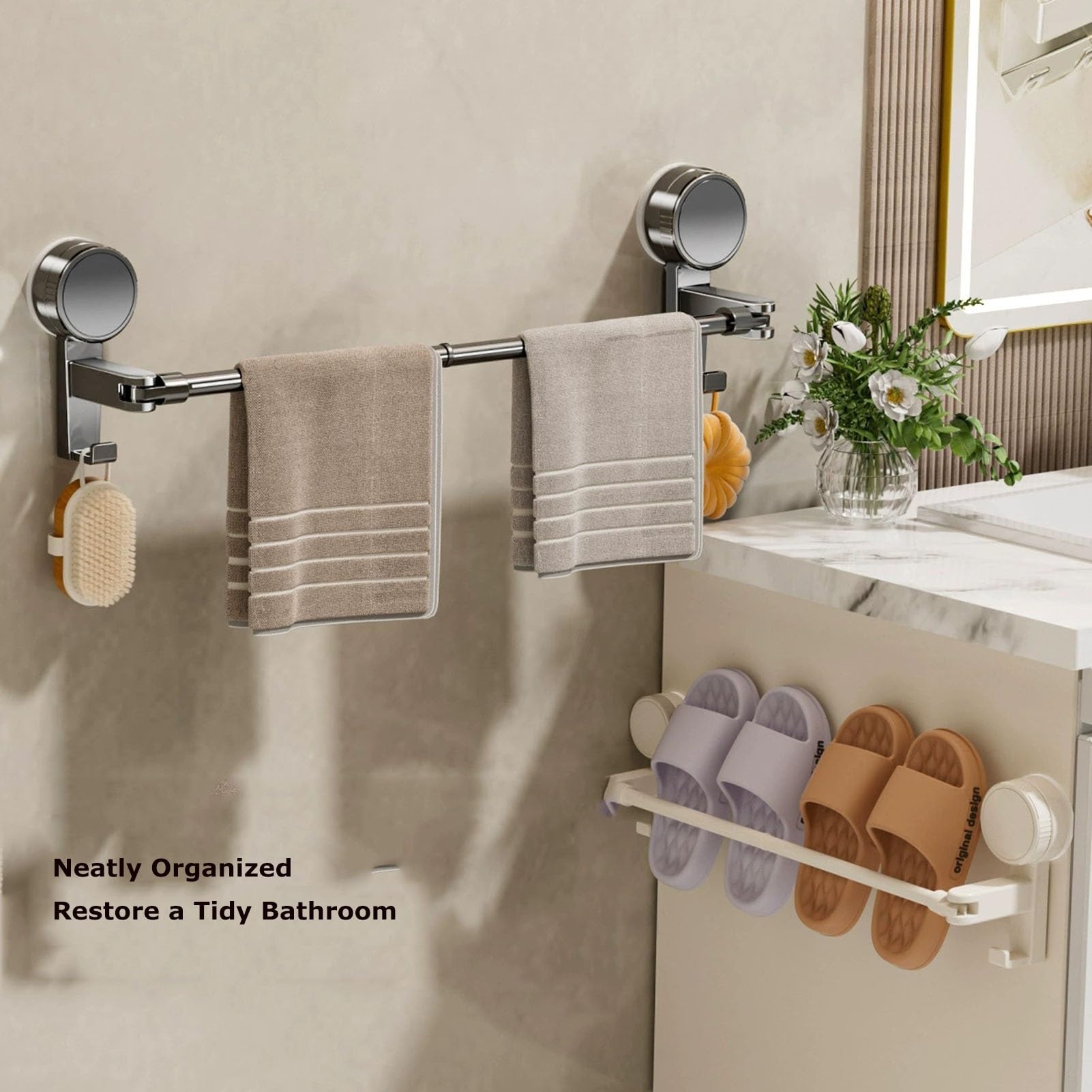 Toallero Extensible Barra Única Fijación | Succión Soporte Pared Resistente Aluminio sin Taladros, Autoadhesivo Para Baño(54–96cm)