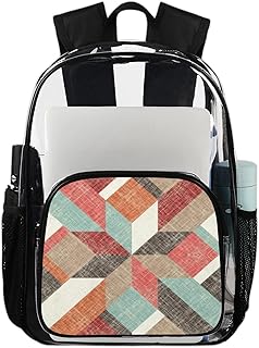 Mochila transparente com padrão geométrico retrô para livros, formas geométricas à prova d'água mochila transparente de PVC com alça de ombro reforçada para escola, trabalho, viagens, Multicor