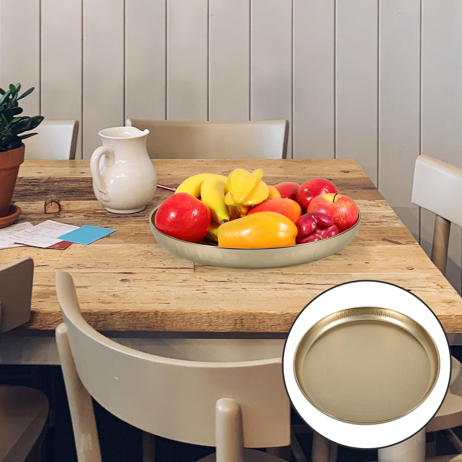 Bandeja de Metal Dorada Diseño Simple y Elegante Redonda para Servir Frutas y Té, Portátil y Fácil de Usar, Adecuado para Picnic y Fiestas