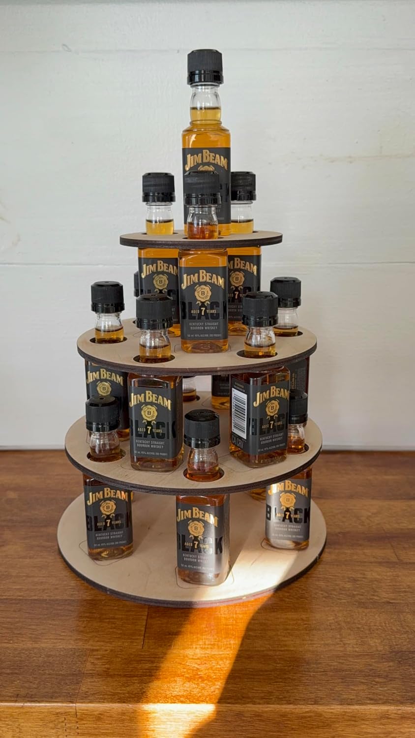 Cake to Hold Mini alcohol shot Bottles Party Display for Mini Liquor Bottles | 21st Birthday Holiday Celebration Decoration Centerpiece Holds 16 bottles 50 ml. Four tiers