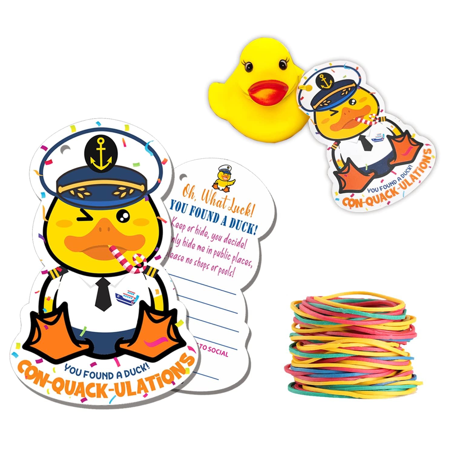 Duck Tags, Cruising Rubber Duck Tags, Ducking Tag for Cruising, ConQuackulations 35 Pack, 3.5 x 2.3 inche, Ducking Games Card - with Round Hole and Rubber Bands