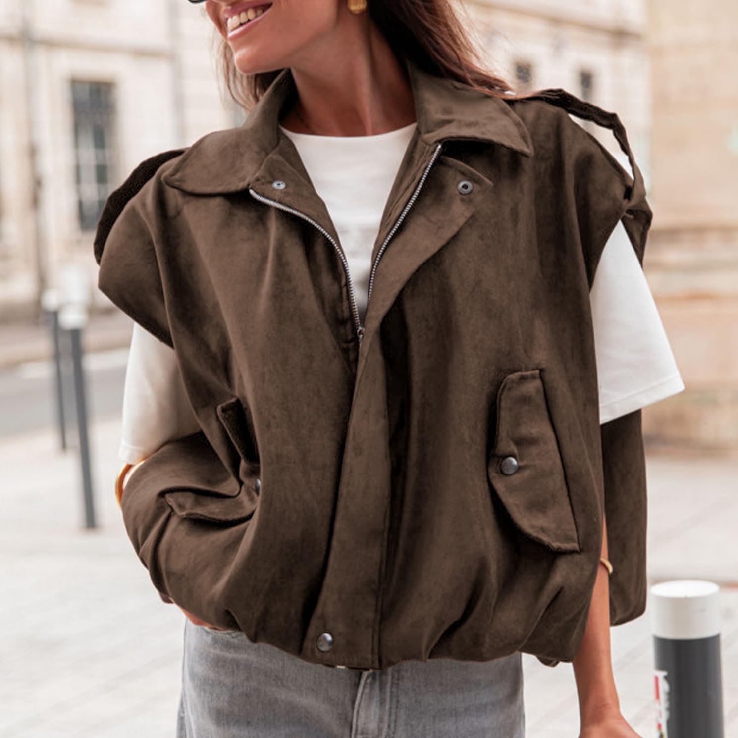 Womens Oversized Faux Suede Vest Cap Sleeve Vest Tops Casual Lapel Collar Coats 2026 Trendy Outfits(Coffee,S) - Image 2