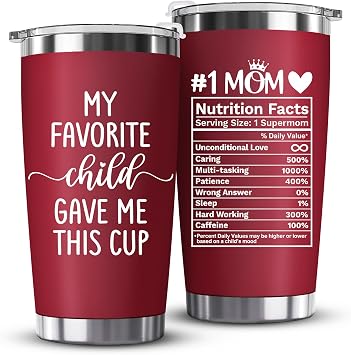 Mothers Day Gifts for Mom from Daughter, Son, Kids, Husband - Funny Mom Gift - Mama Coffee Cup My Favorite Child Gave Me This Cup - Valentine, Birthday Gift Idea - 20oz Stainless Steel Red Tumbler