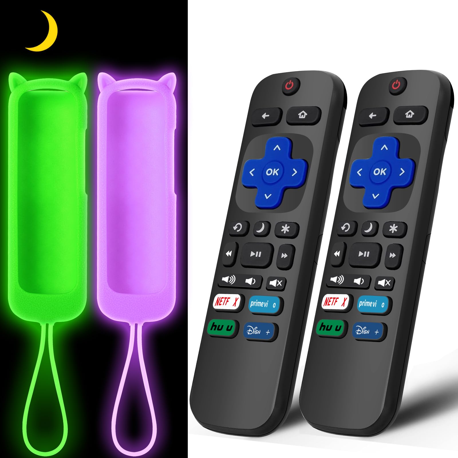 Photo 1 of (2+2 Packs) Replacement Remote for Roku TV with Soft Protective Silicone Cover(Glow in The Dark), Universal Remote for TCL Roku/Hisense Roku/Sharp Roku/Onn Roku/Element Roku/Philips Roku Smart TV