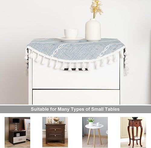 Miniatura 5 de Mantel redondo pequeño de lino rústico bordado a rayas, lavable, color azul, mantel de mesa con borlas para mesita de noche, soporte de plantas,