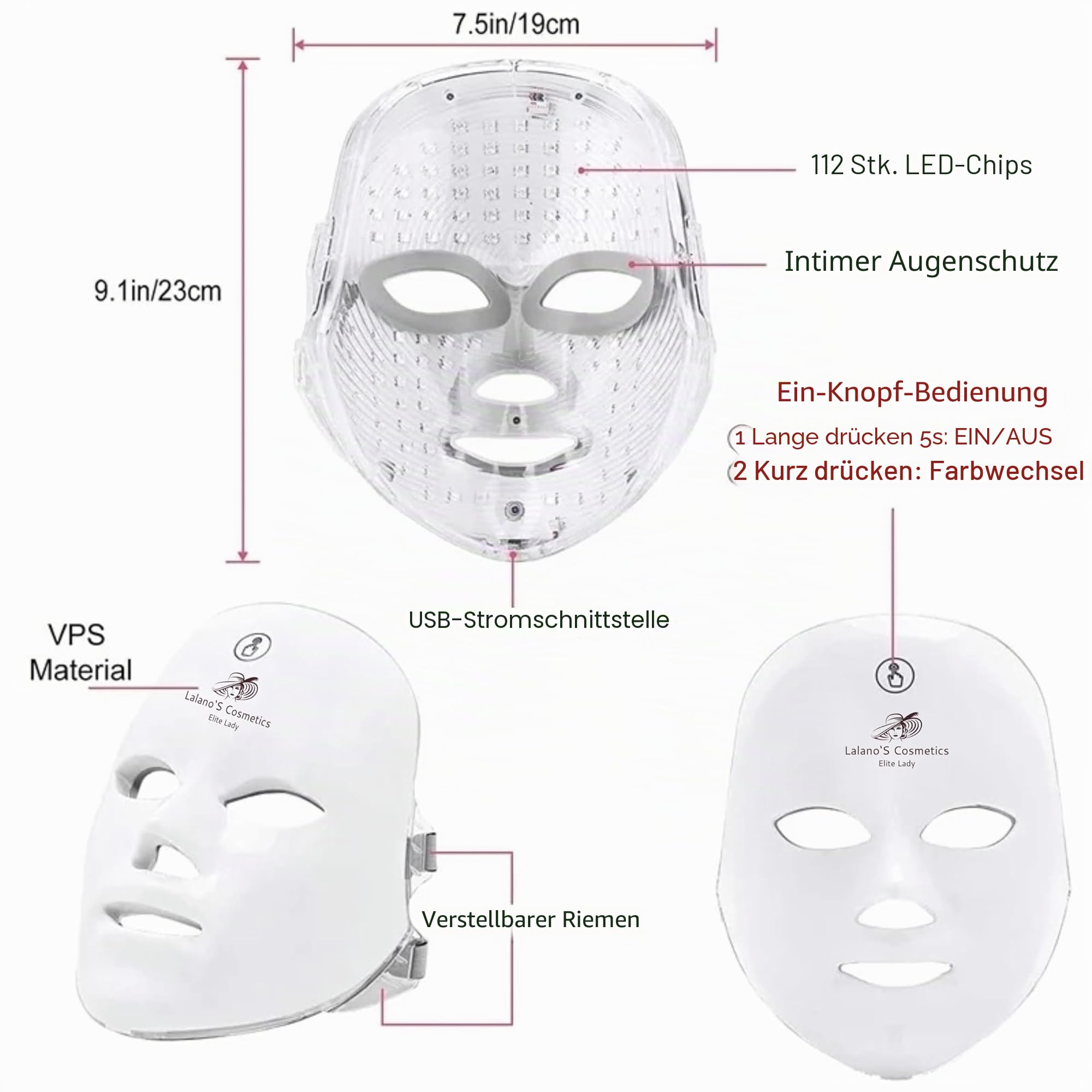 Lalano’S Cosmetics LED Gesichtsmaske 7 Farben – Anti-Aging, Akne & Hautstraffung – Lichttherapie, 112 LEDs, wiederaufladbar, CE-zertifiziert – Für Damen & Herren