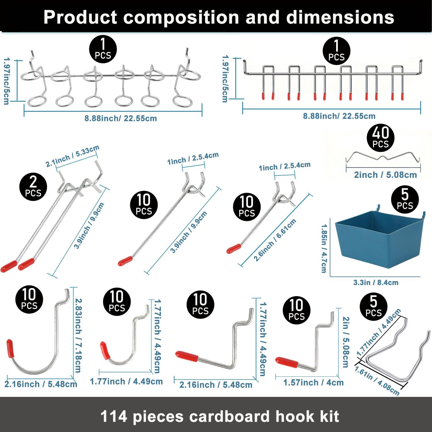 Craft Room Pegboard Organizer Kit - 114 Pcs Metal Pegboard Hooks & Accessories with Bins, Tool Holders for 1/6” & 1/8” Pegboard | Garage Workshop Storage Organization