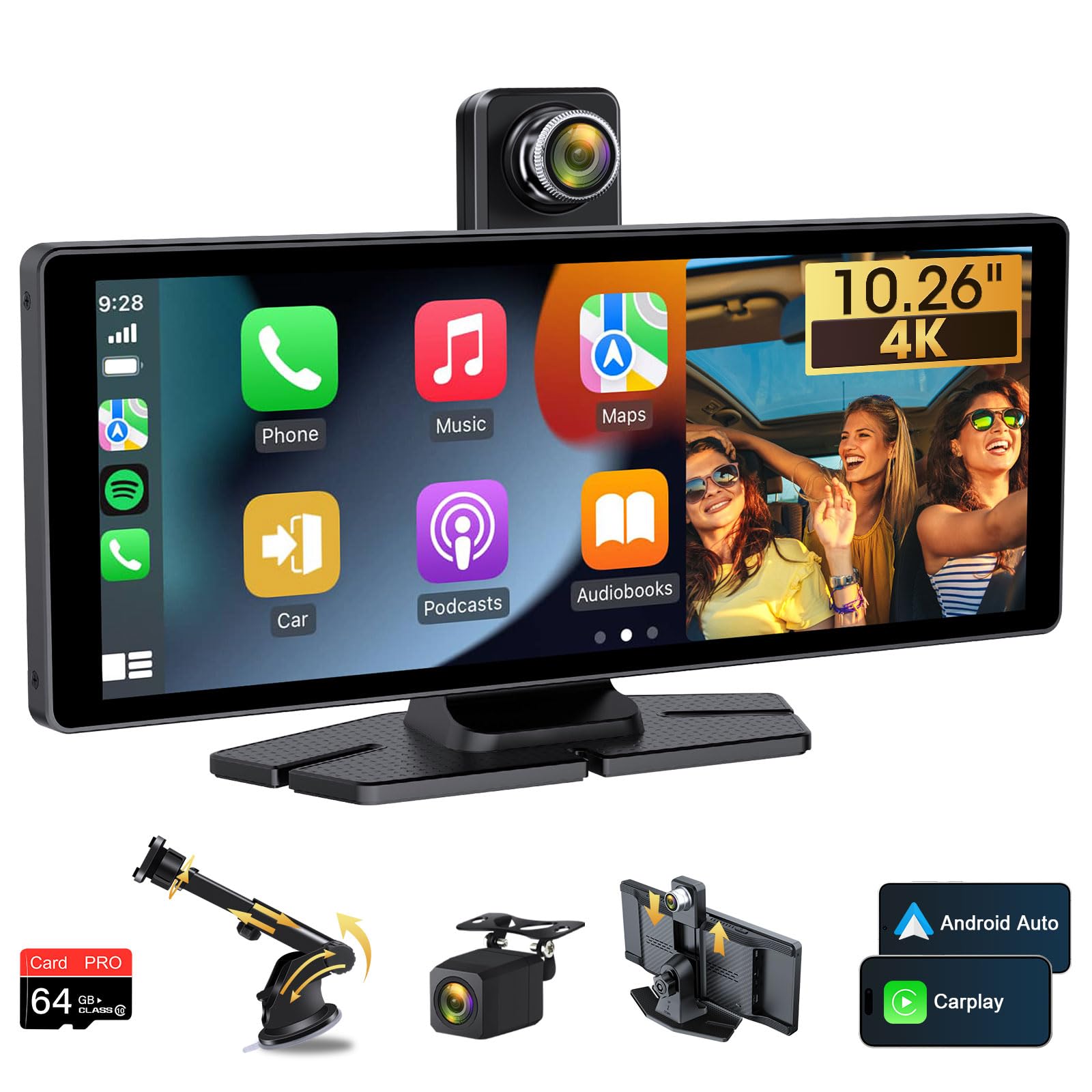 Car Tablet Pro Max 2025 4K Dash Cam 10.26" Apple Carplay Screen for Car w 1080P Backup Camera, Apple Car Play & Android Auto Screen w Voice Control/