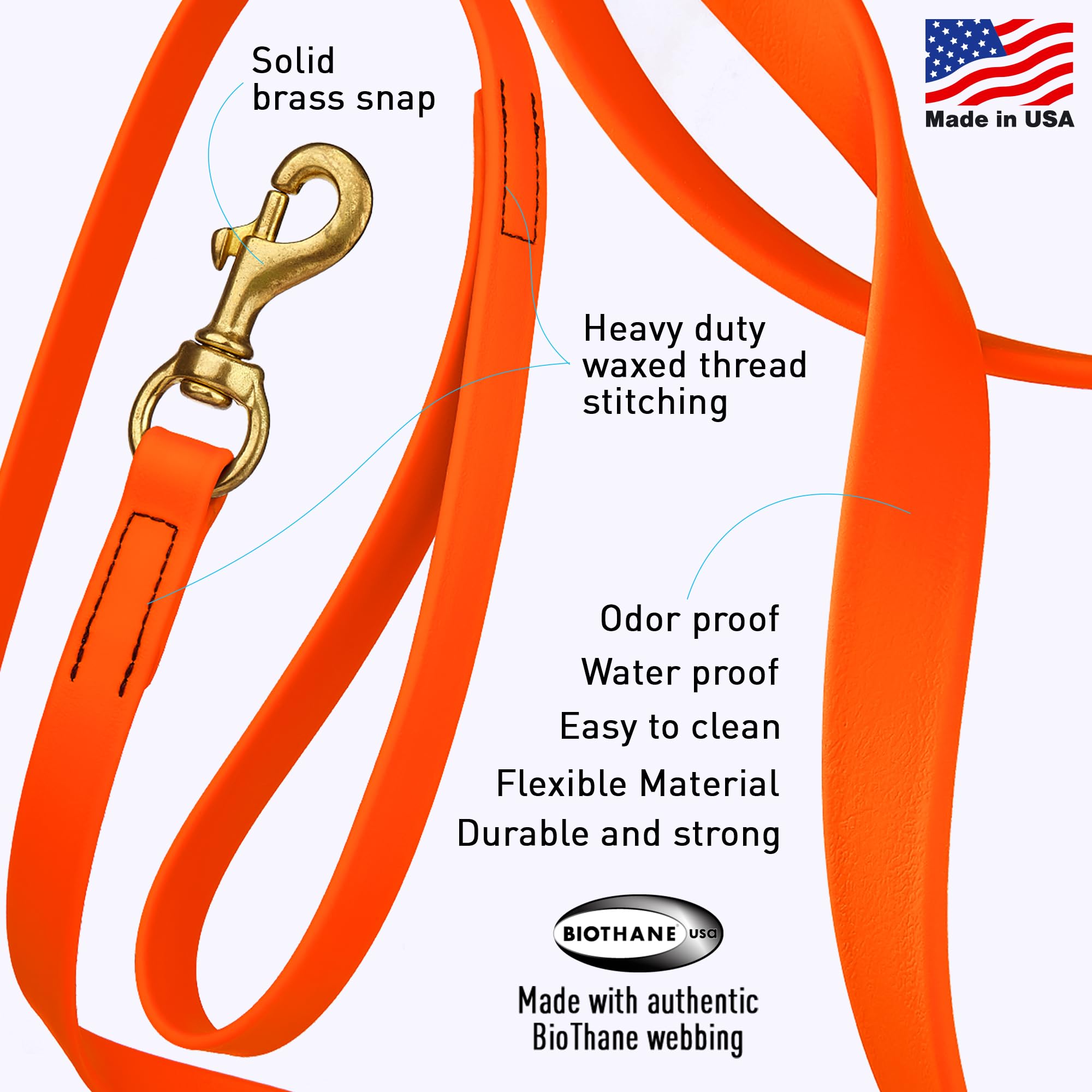 Viper Biothane Working Tracking Lead Leash Long Line for Dogs 2 Colors and 6 Sizes, Hunter Orange, 5/8" x 15ft - Image 2