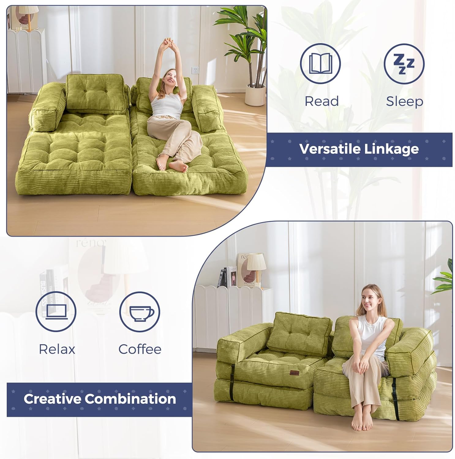 MAXYOYO Folding Sofa Bed, L-Shaped Convertible Sofa with Armrest Foldable Sleeper with Pillow, Portable Fold Out Chair Bed Comfy Floor Lounge for Living Room Bedroom, Green