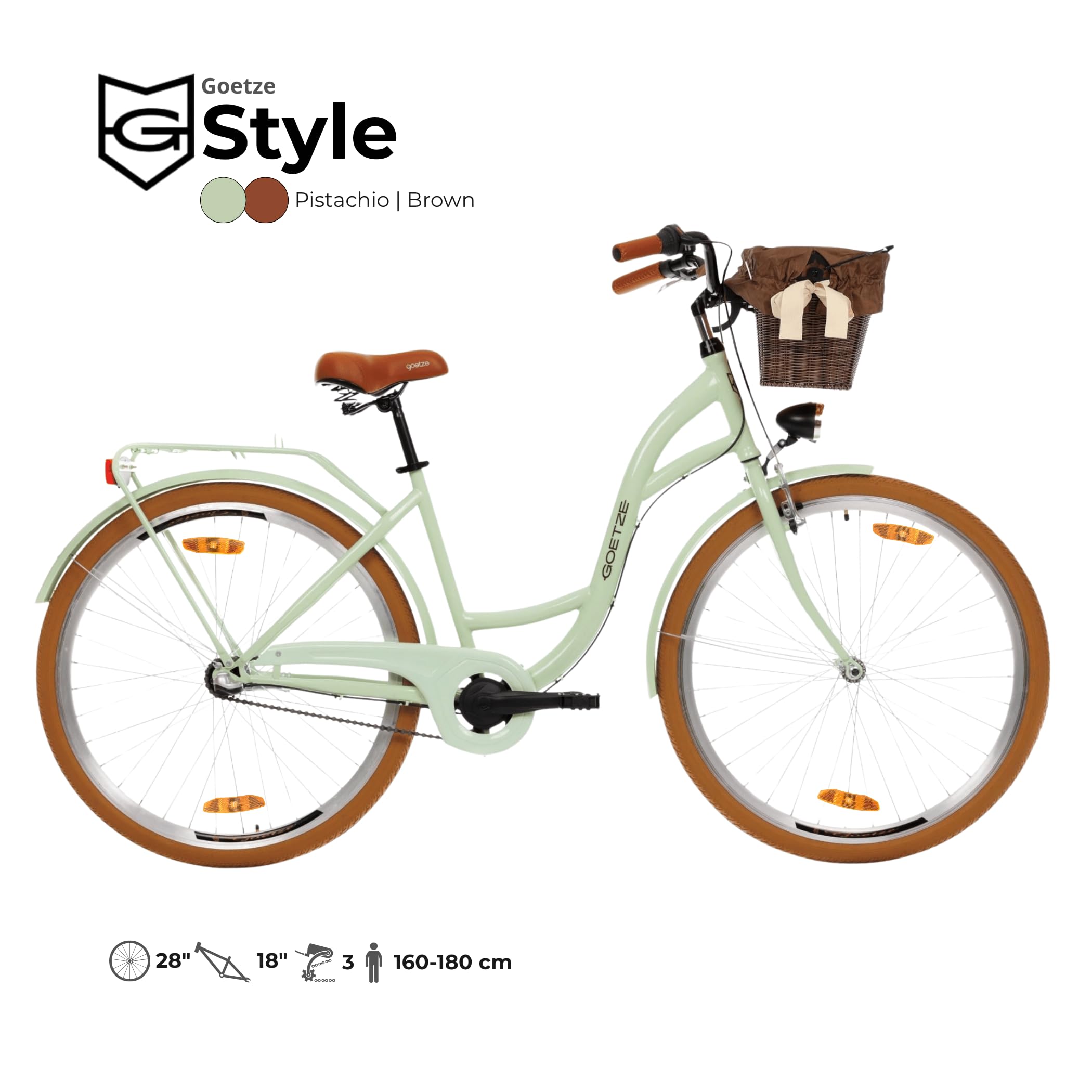Goetze Style Damen Citybike 28 Zoll, Retro Fahrrad mit 3-Gang | Tiefeinsteiger, Shimano Nexus Nabenschaltung mit Rücktritt, LED-Beleuchtung, Rattankorb, Gepäckträger und Klingel