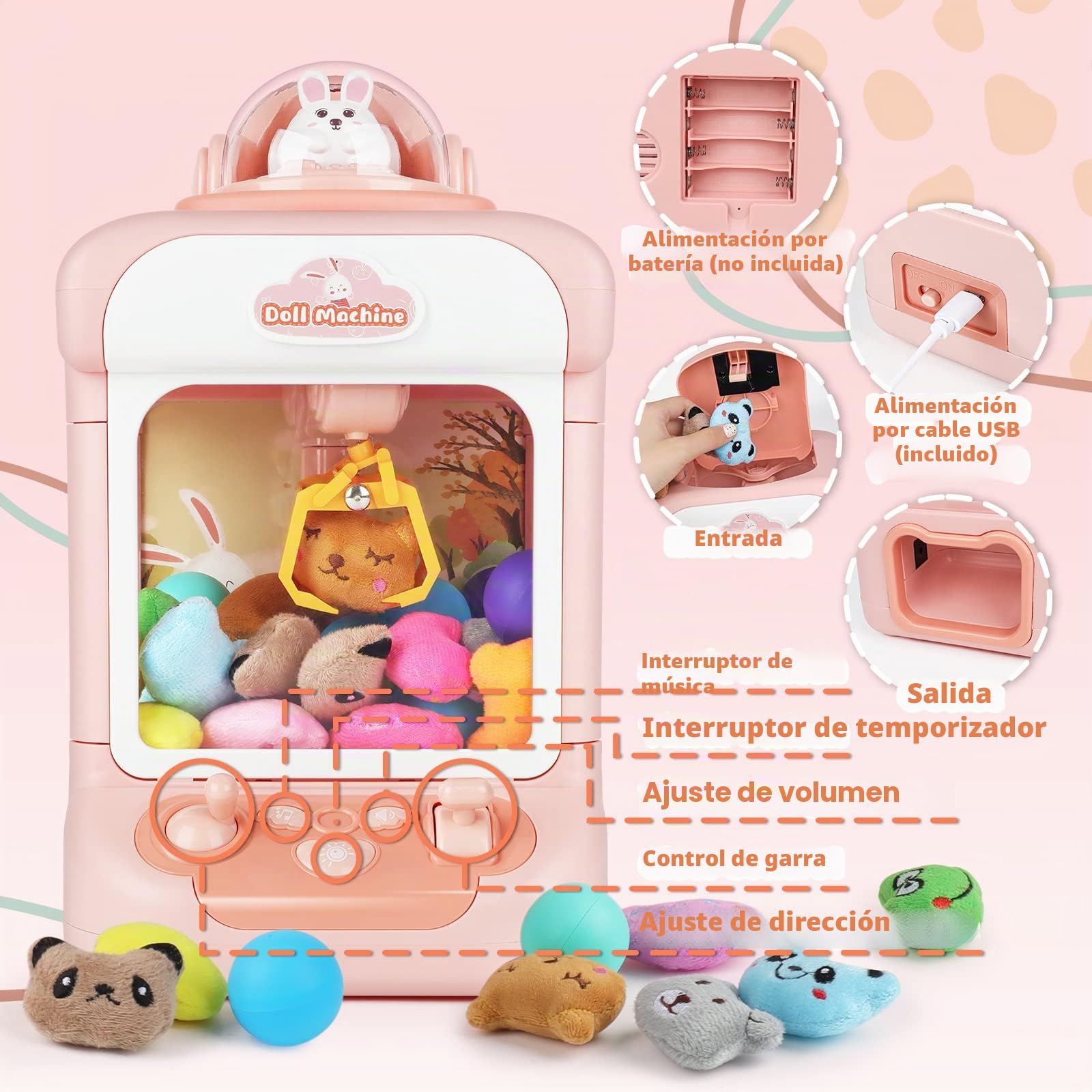 deAO Máquina de Garras Juguete con Música, Incluidy 20 Peluches, 10 Gashapones, Mini Máquina de Garras Buen Regalo para Cumpleaños, Navidad, Fiestas, Juego de Fiesta