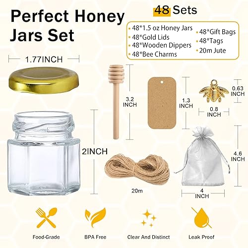 Miniatura 2 de Aliggbent - Paquete de 48 tarros de miel pequeños para fiestas, 42 g, hexagonales, con cucharas, tapas doradas, amuletos de abeja, bolsas de regalo