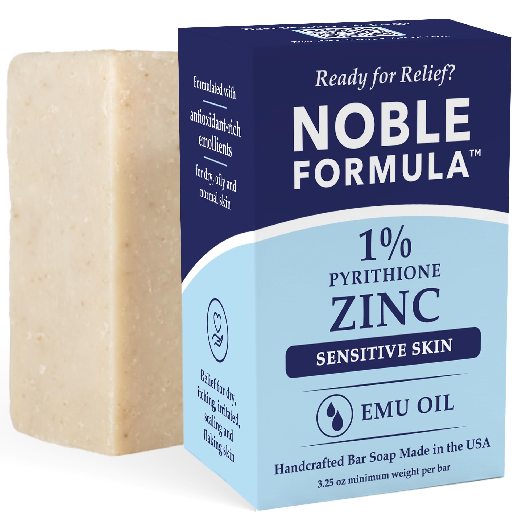 Noble Formula 1 Pyrithione Zinc Soap Bar with Emu Oil Face Body and Scalp Gentle Cleanser for Dry