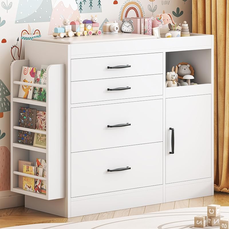 Changing Table Dresser, Baby Nursery Dresser with 4 Drawers & 1 Cabinet & 3 Open Shelves Storage, Modern Diaper Changing Station for Children's Room, Changing Pad Included, White
