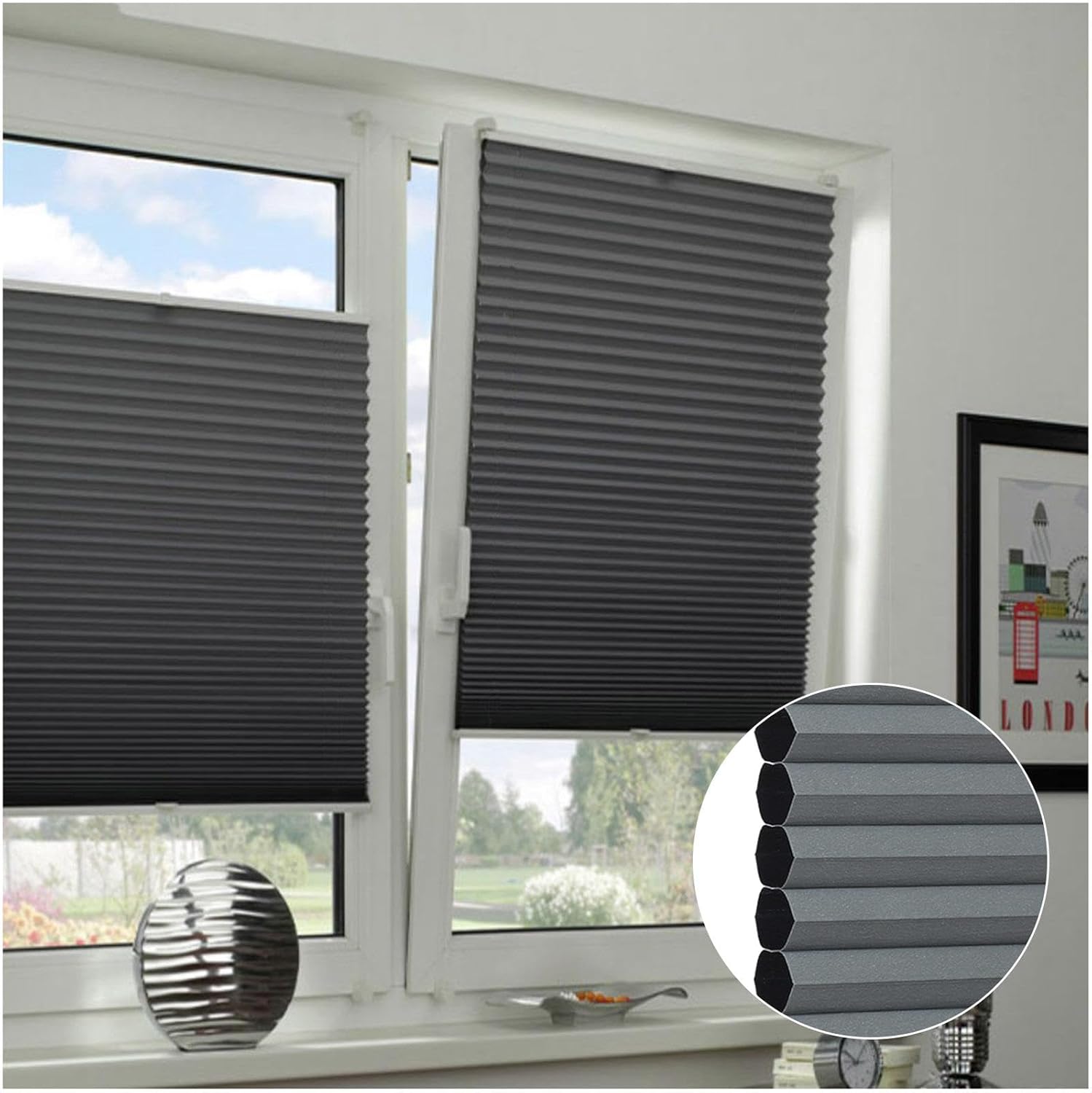 Cellular Pleated Blinds, 35/40/55/60/75/80/95/110/125cm Honeycomb Shades, Thermal Honeycomb Pleated Blinds, Blackout Cellular Shades for Windows Doors,grey-110x180cm/43.3 * 70.9in