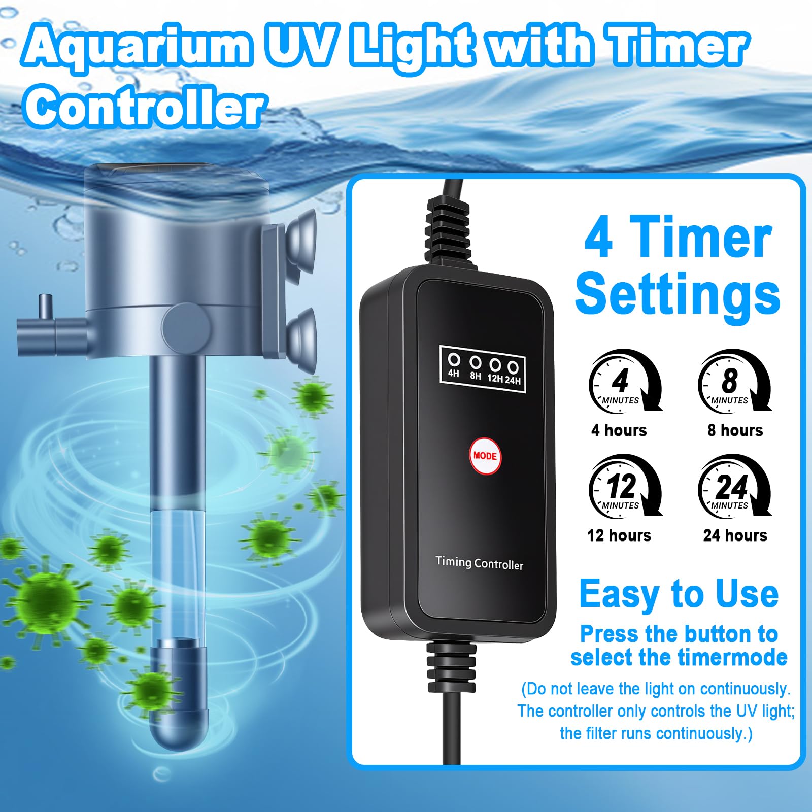 Filtro interno per acquario, Filtro per acquario 5-in-1 con sterilizzatore UV e timer, Pompa filtrante regolabile con aerazione e doccia a pioggia, 500 L/H, Pompa chiarificante per acqua dolce e