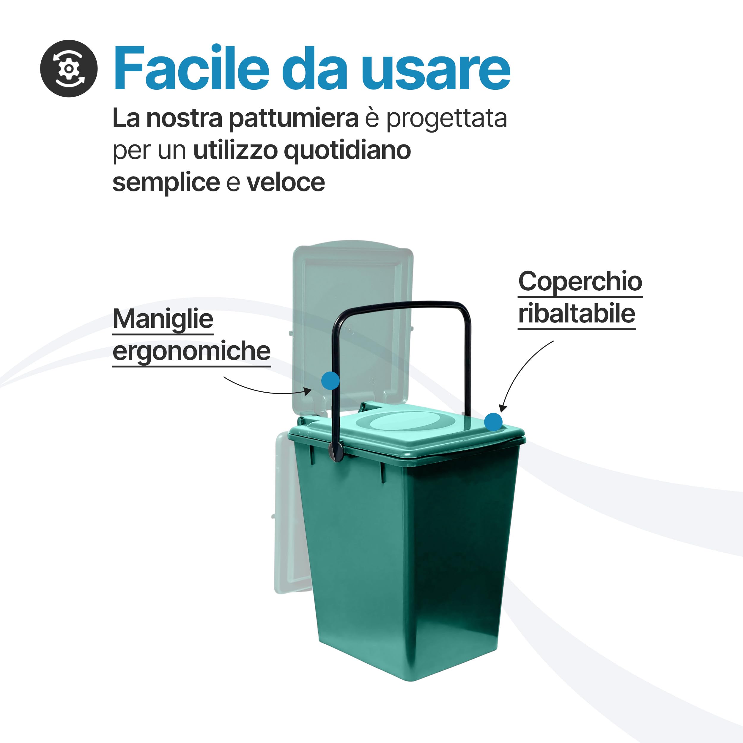 Tomaino - Pattumiera Raccolta Differenziata 20 lt - Bidone Umido, Vetro, Carta e Plastica con Manico Anti Randagismo - Cestino Secchio Spazzatura per Cucina ed Esterno - Verde