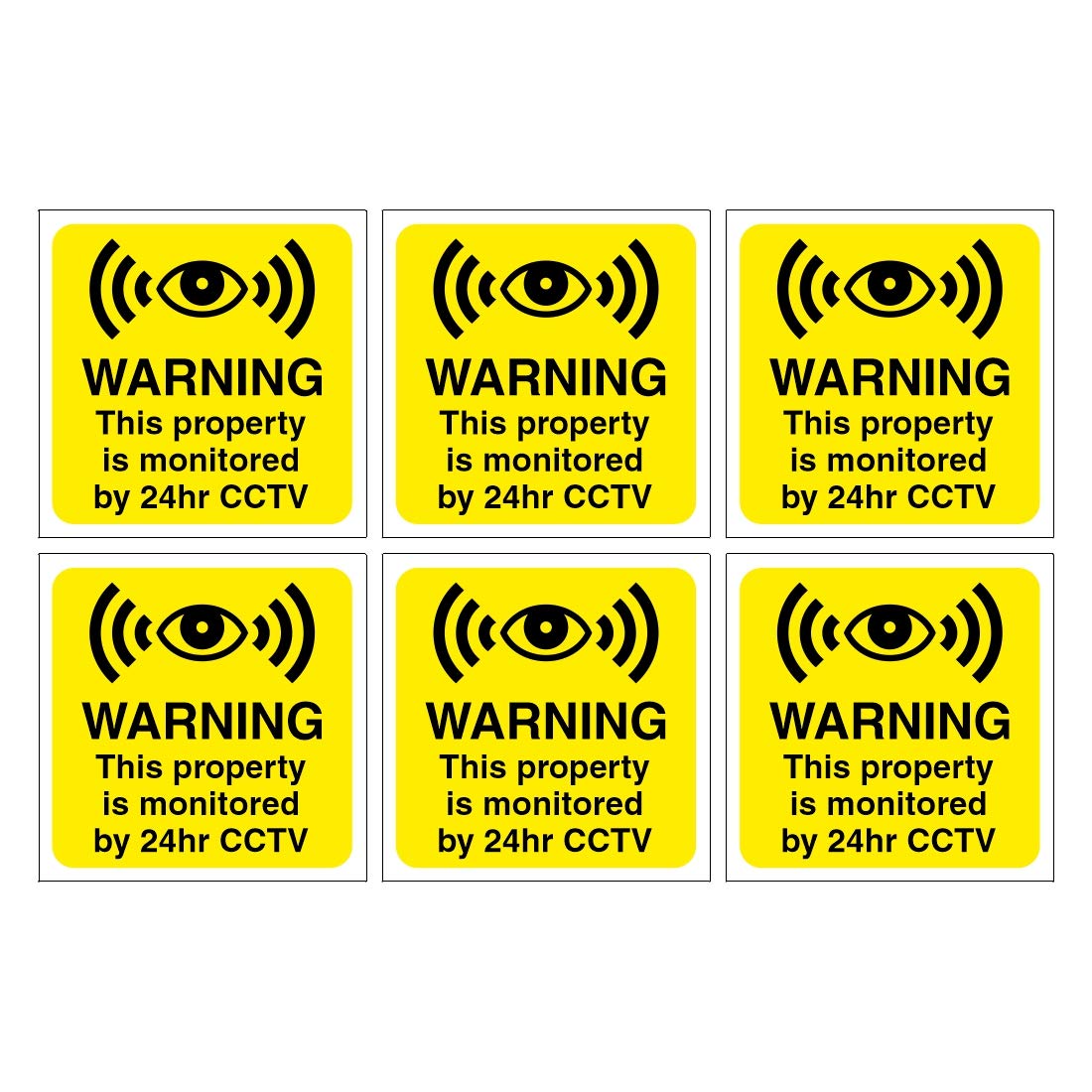 Set of 6 Warning This Property is Monitored by 24hr CCTV Signs. 120mm x 120mm Self Adhesive Stickers. Ideal for Businesses and Homes. Easy to Apply