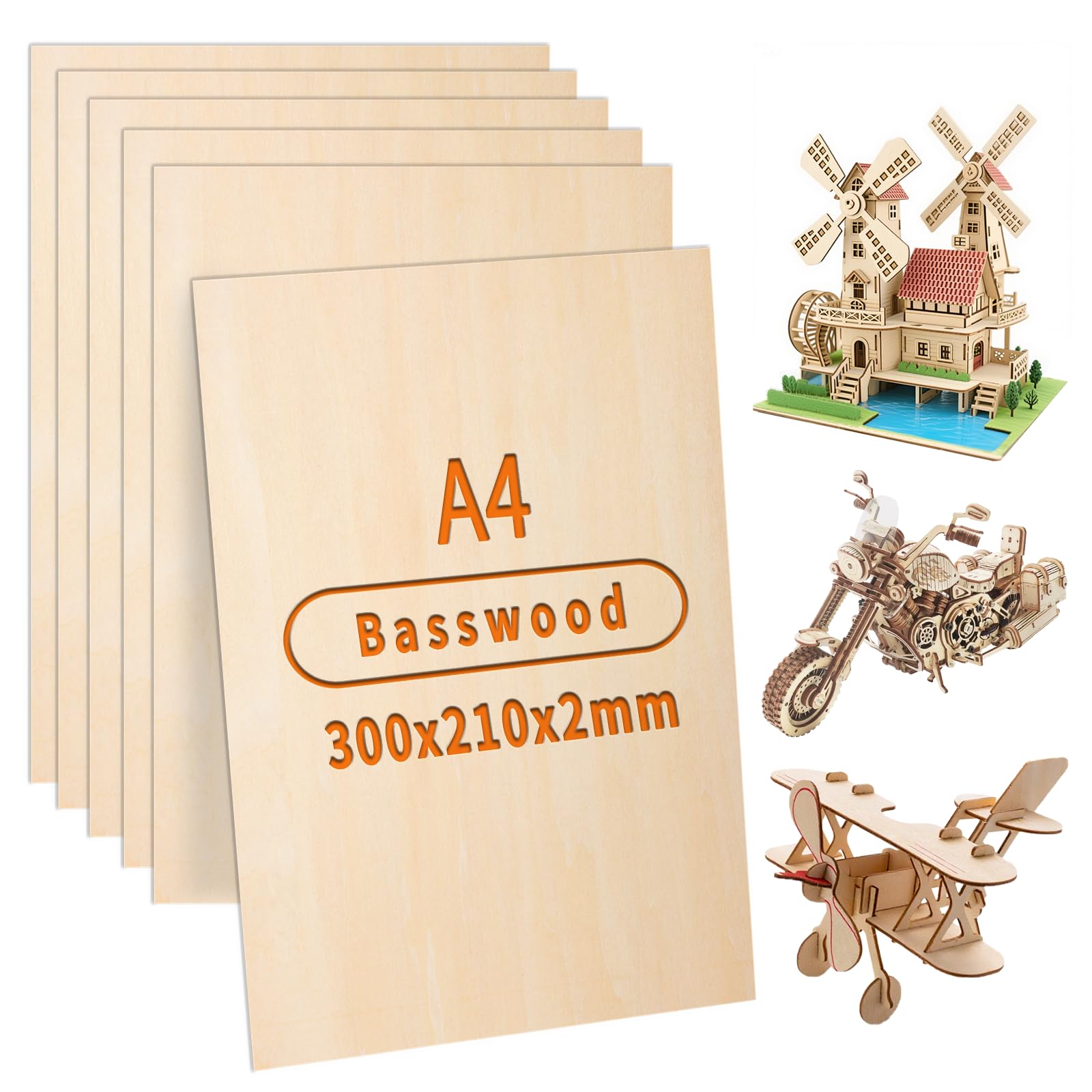 ddckj 300x210mm Basswood Sheets 2mm Plywood Sheets 10Pcs A4 Thin Wood Sheets for Crafts DIY Model Making Engraving Painting Laser Projects Wood Burning