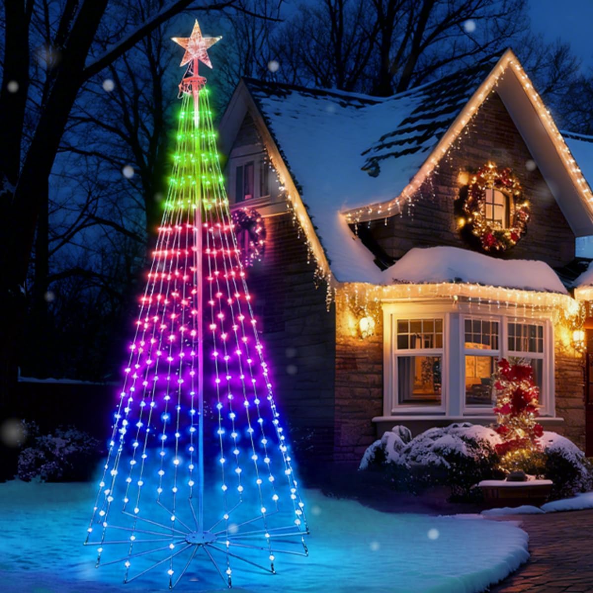 9FT Smart RGB Christmas Cone Tree, 460 LED Lighted Artificial Tree with Music Sync Remote APP Control Timer Dimmable, Prelit Xmas Tree Waterproof for Outdoor