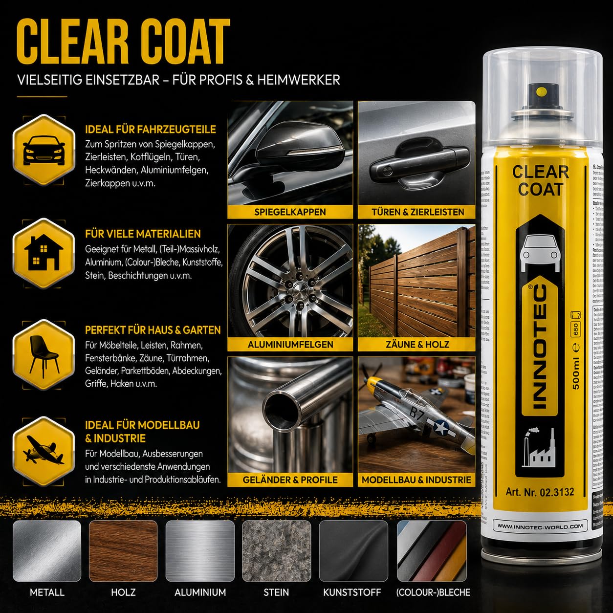 4 Stück Innotec Klarlack Clear Coat - transparent glänzend - für ein glänzendes Finish - zum Fixieren und Schützen der Lackierung - Klarlack Spray - glänzender Autolack - schnelltrocknende - 500ml