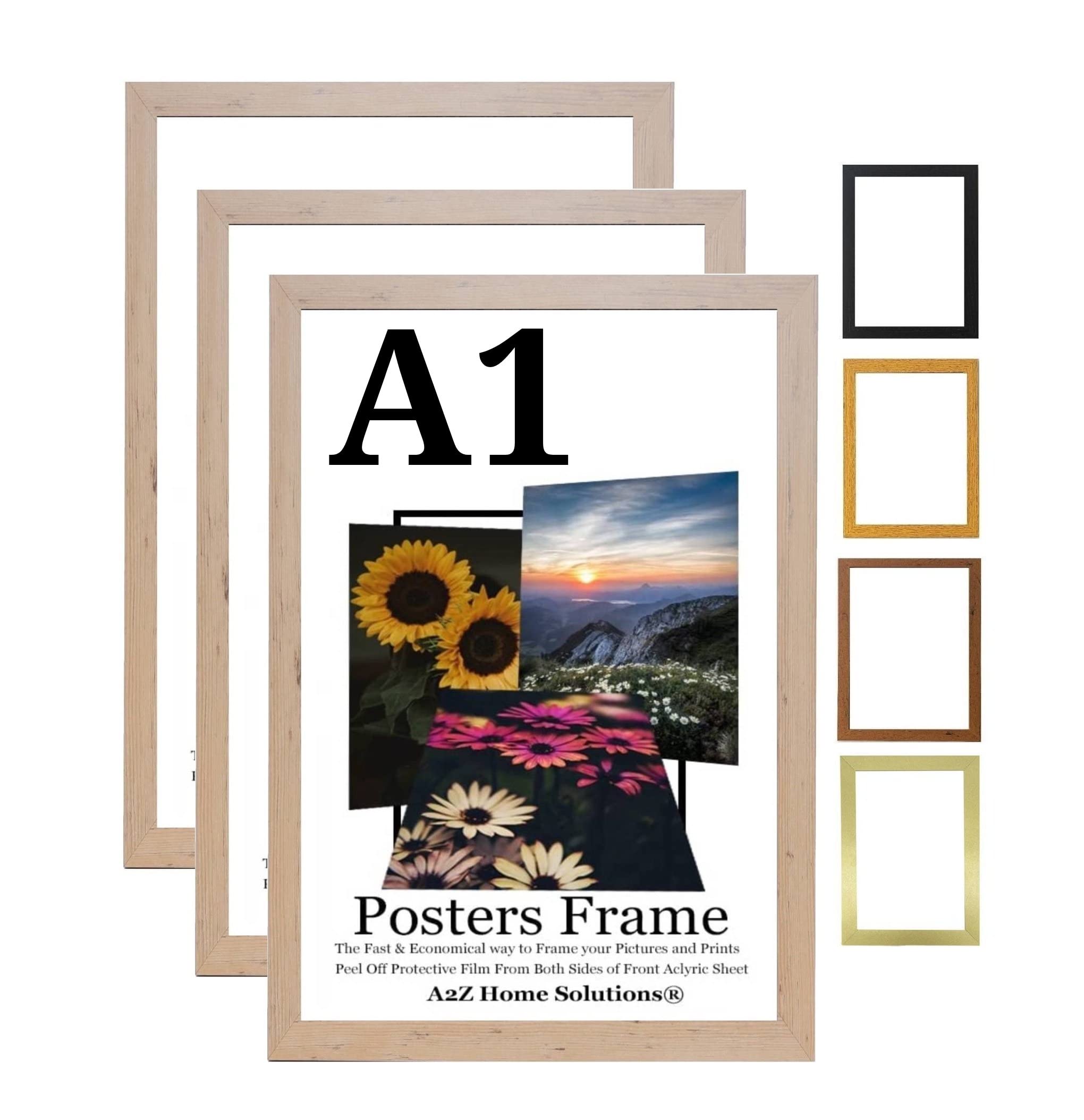 A2Z Home Solutions® Multipack Beech A1 Poster Frames 59.4 x 84.1 cm With Safe Clear Perspex Front & Wall Mounting A1 Frames In Multiple Colors MDF Backboard Portrait or Landscape (3)