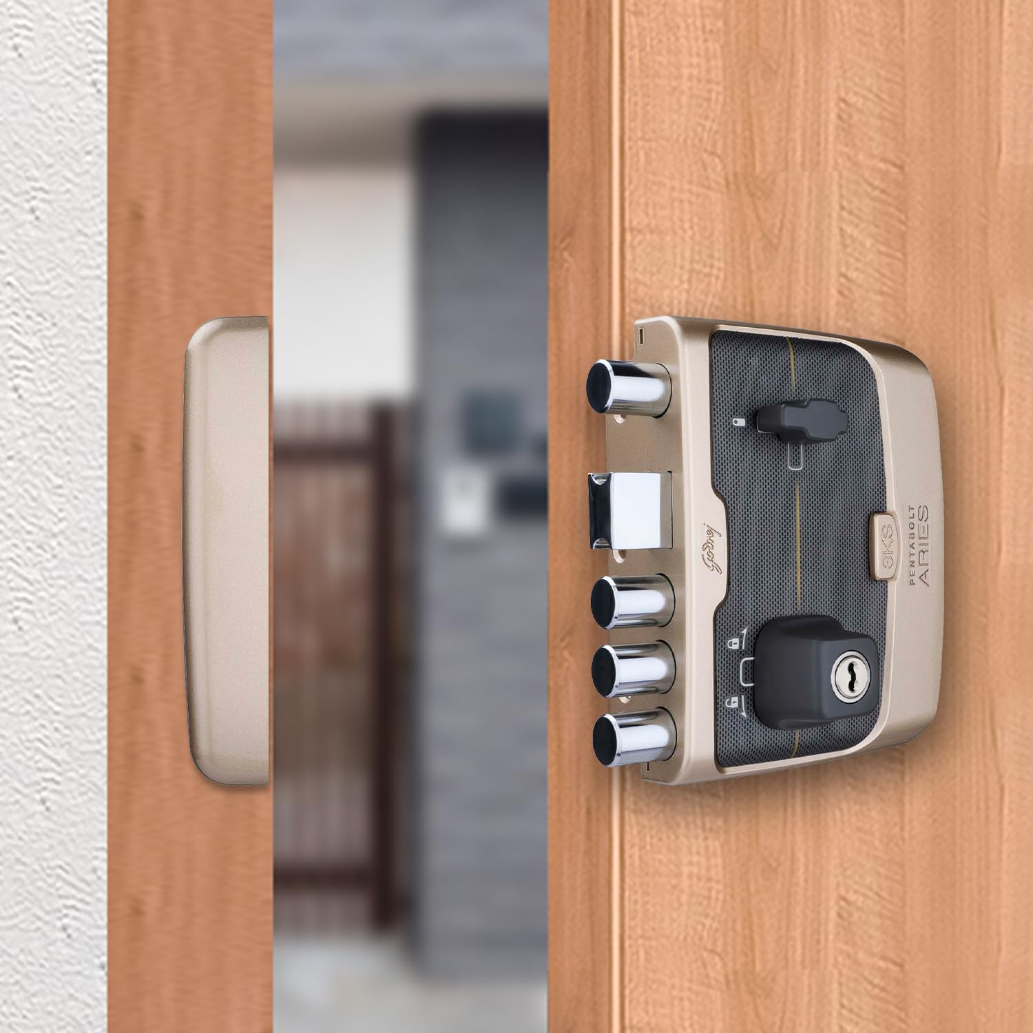 Godrej Rim Lock I Pentabolt Aries 3KS I 5 Bolts I 2C Deadbolt I for Inside Opening Door l Left/Right Handed Doors I 4 Keys I 15-Year Warranty I Manual Locking I Vegas Gold Finish-image-21
