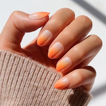 Glamnetic Press On Nails - Short Oval, Glazed Fake Nails 30 Pc Full Kit | Halloween-ready Orange press on nails in 15 sizes. Ombre glue-on set. Waterproof, chip-resistant, up to 2 weeks wear