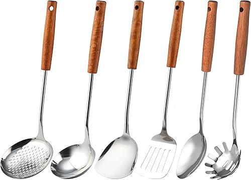 FJNATINH Espátula Wok, espátulas ranuradas, cucharón, juego de herramientas de cucharón de espumadera, utensilios de cocina de acero inoxidable de