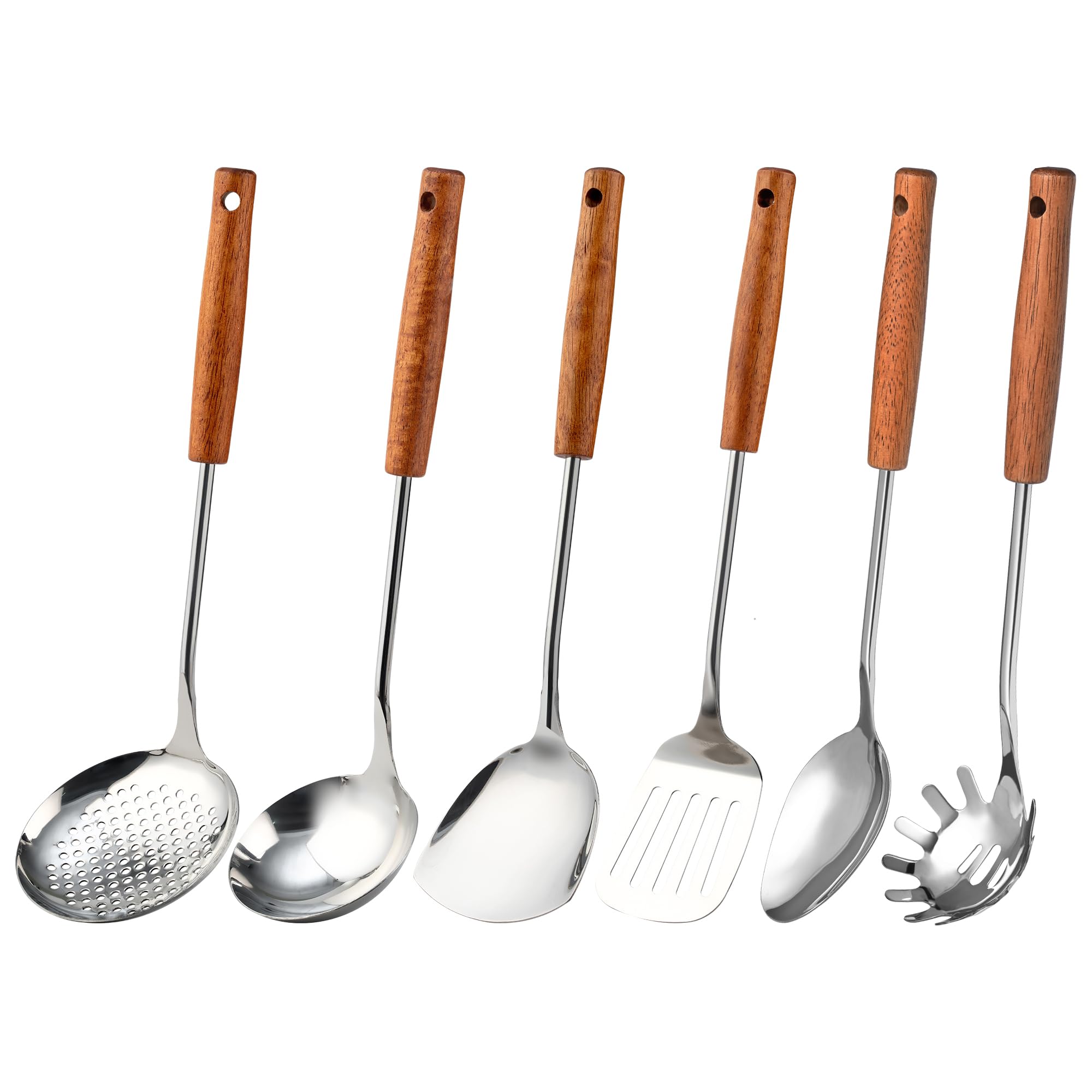 Spatules pour wok louche ustensiles de cuisine acier inoxydable manche bois 6 pcs