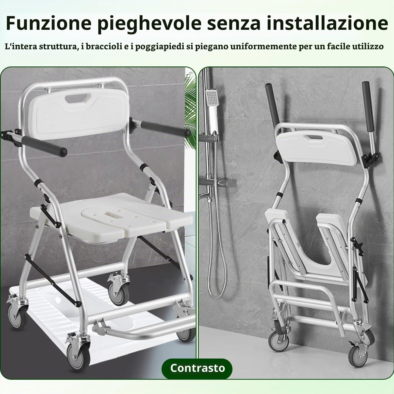 Sedia da Doccia con Ruote, Sedia per Doccia per Anziani e Disabili | Sedile da Sgabello Bagno Pieghevole con Ruote Universali, Quattro Ruote con Freni, Braccioli e Schienale, Carico 120 kg