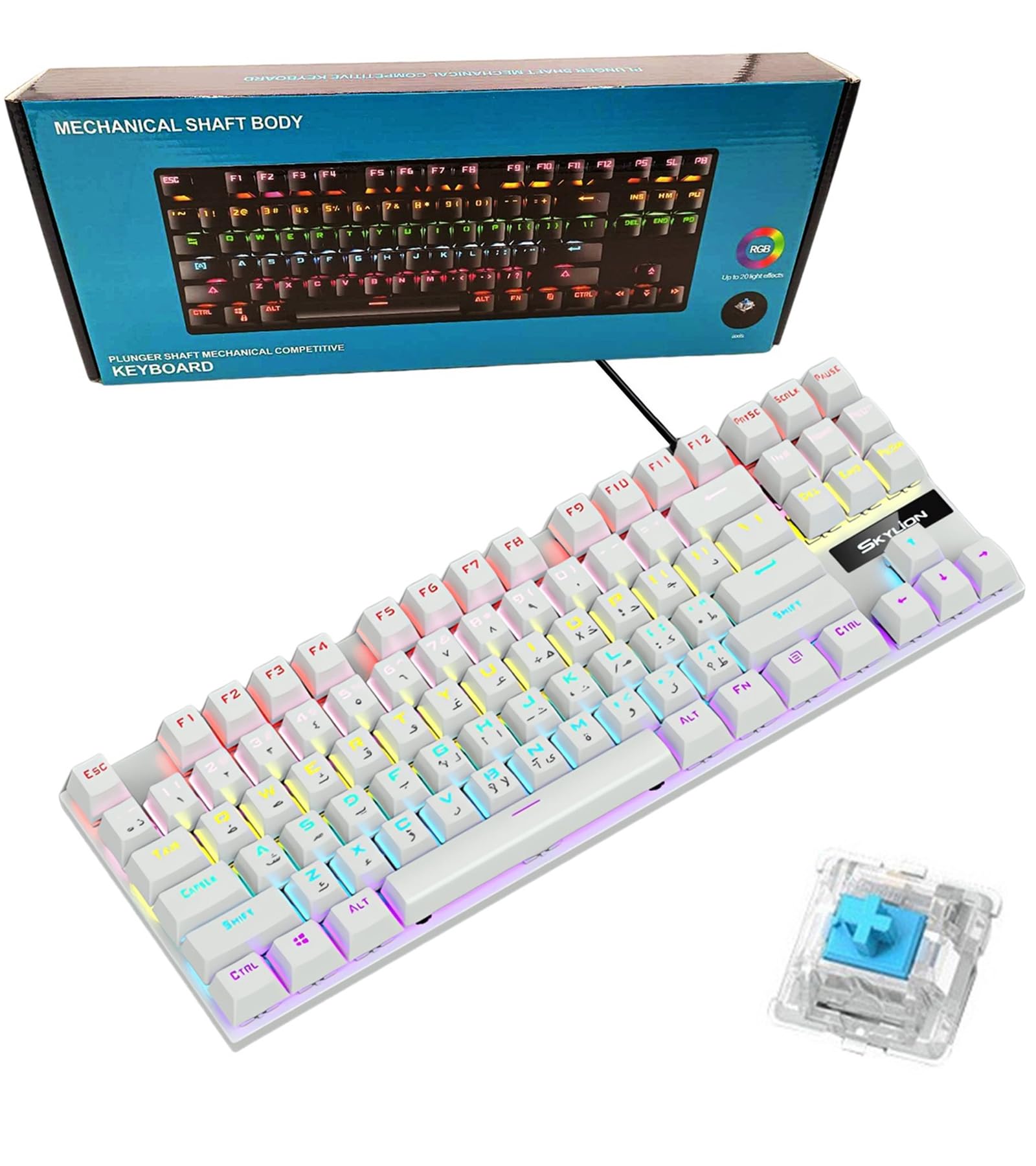 Mechanical Gaming Keyboard Arabic English, 87 Keys Compact Wired RGB Backlit Keyboard with Cyan Switch, Hot-Swappable USB-C, Ergonomic PBT Keycaps for Laptop & PC Gaming (White)