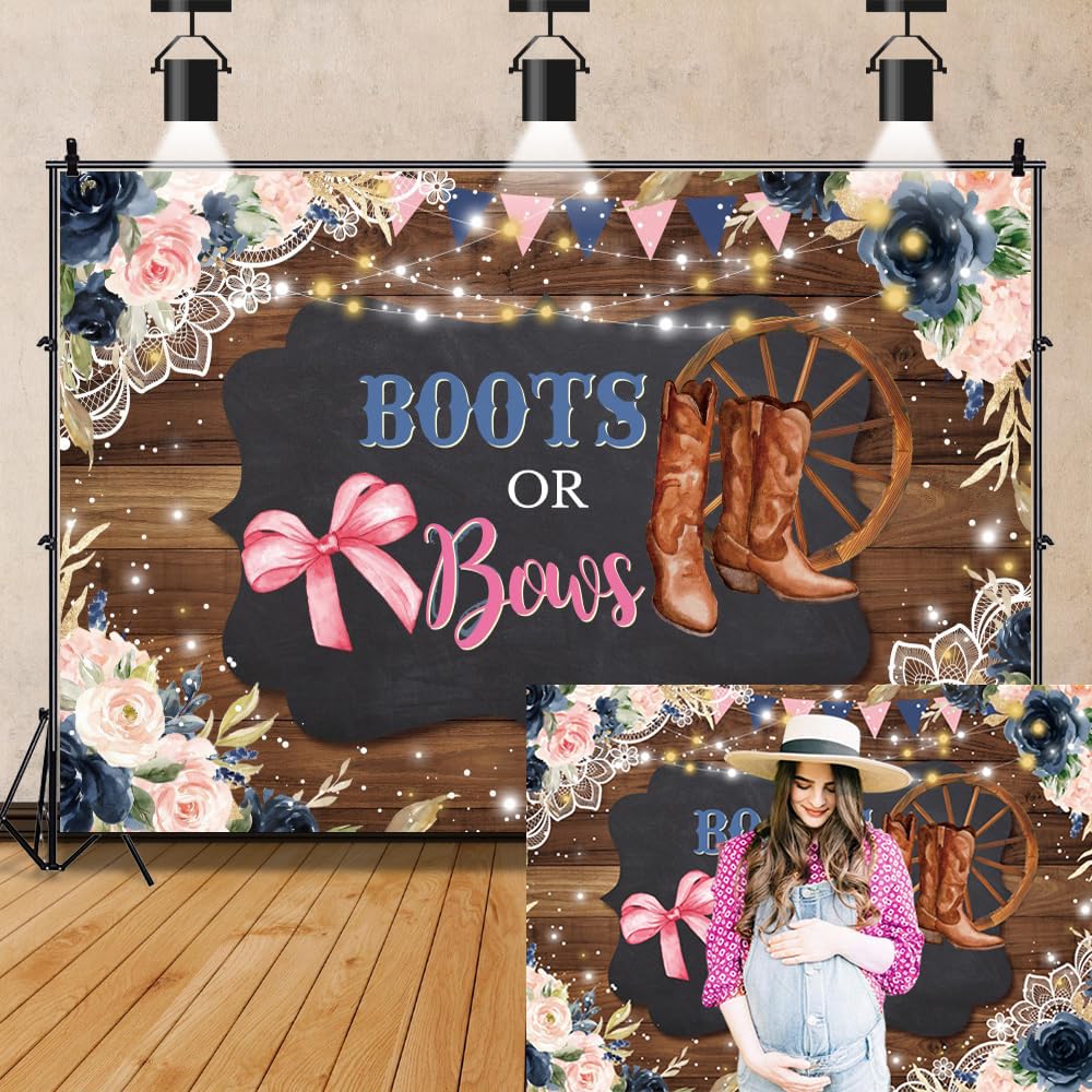OFILA Boots or Bows Gender Reveal Backdrop 8x6FT Rustic Wood Watercolor Flower Photography Backdrop Shining Glitter Boys or Girls Gender Reveal Party