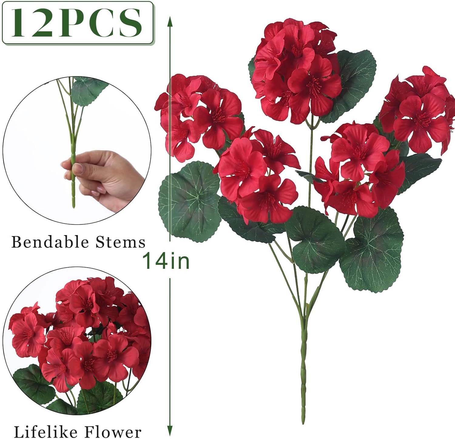 GLIDLION 12 Bundles Artificial Geranium Flowers for Spring Summer Decor, UV-Resistant Fake Plants Realistic Faux Silk Bouquets for Front Door Farmhouse Garden Porch Home Outdoor Decor (Red)