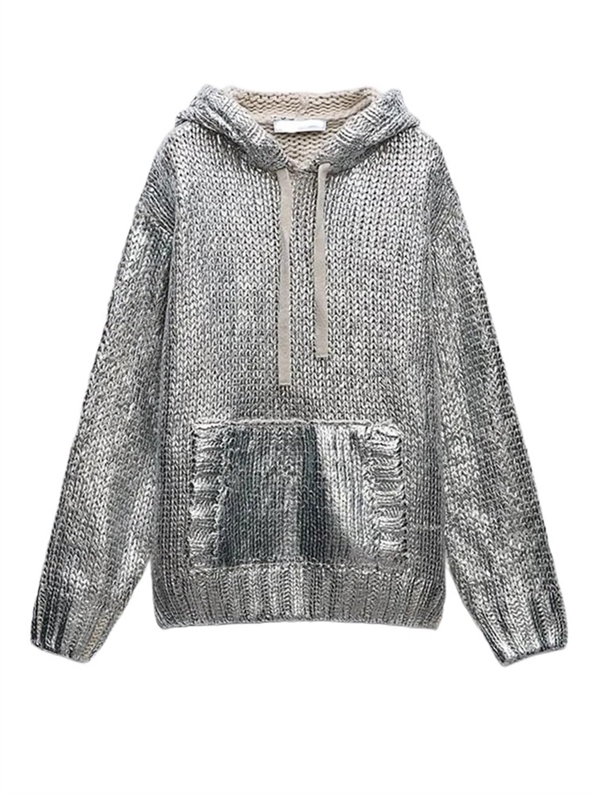 Women Chic Metallic Rib Trim Foil Hooded Sweater Casual Long 