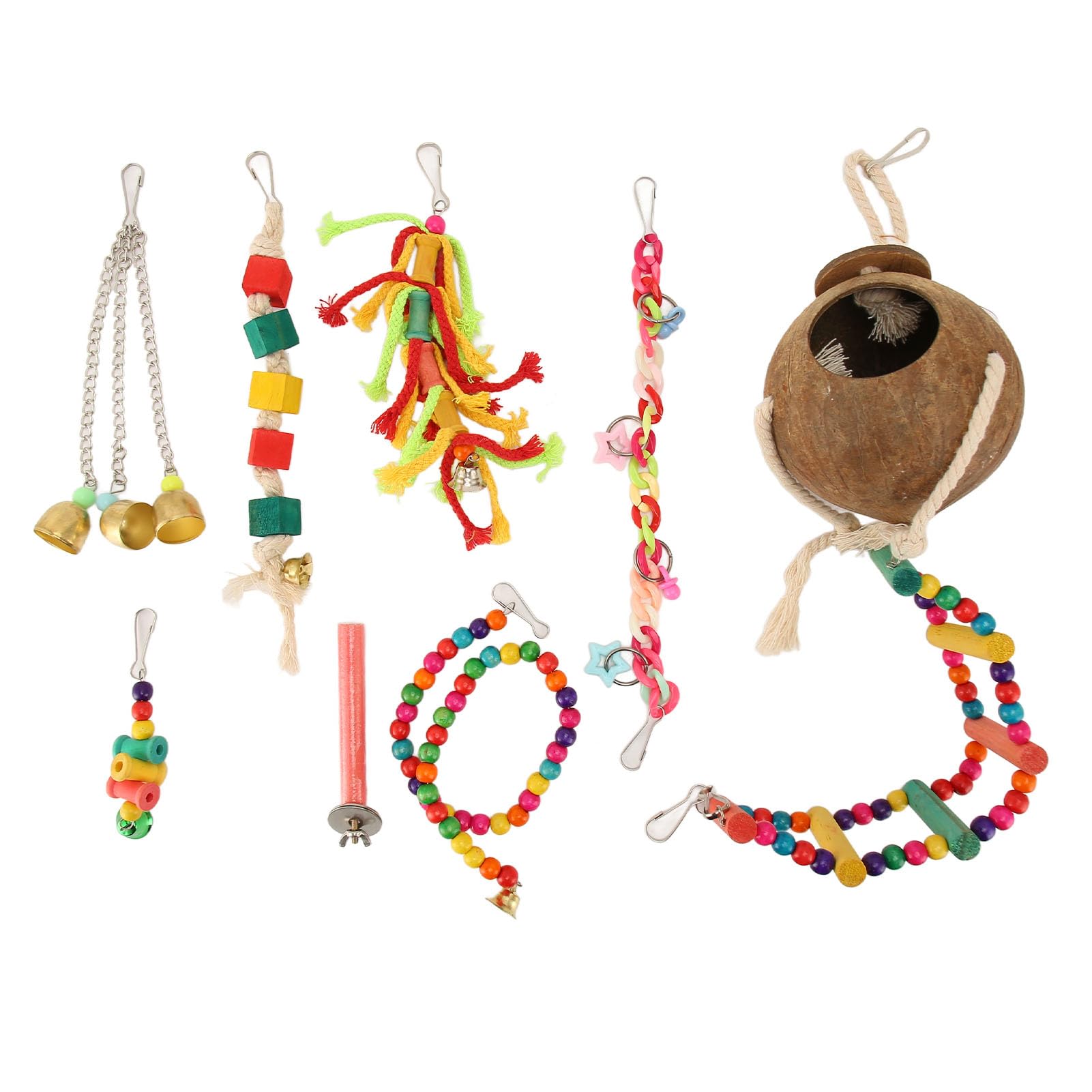 Juguete para pájaros, barra de cuerda con campana, papel masticable colorido, buscador de comida, adecuado para loros, entretenimiento y ejercicio