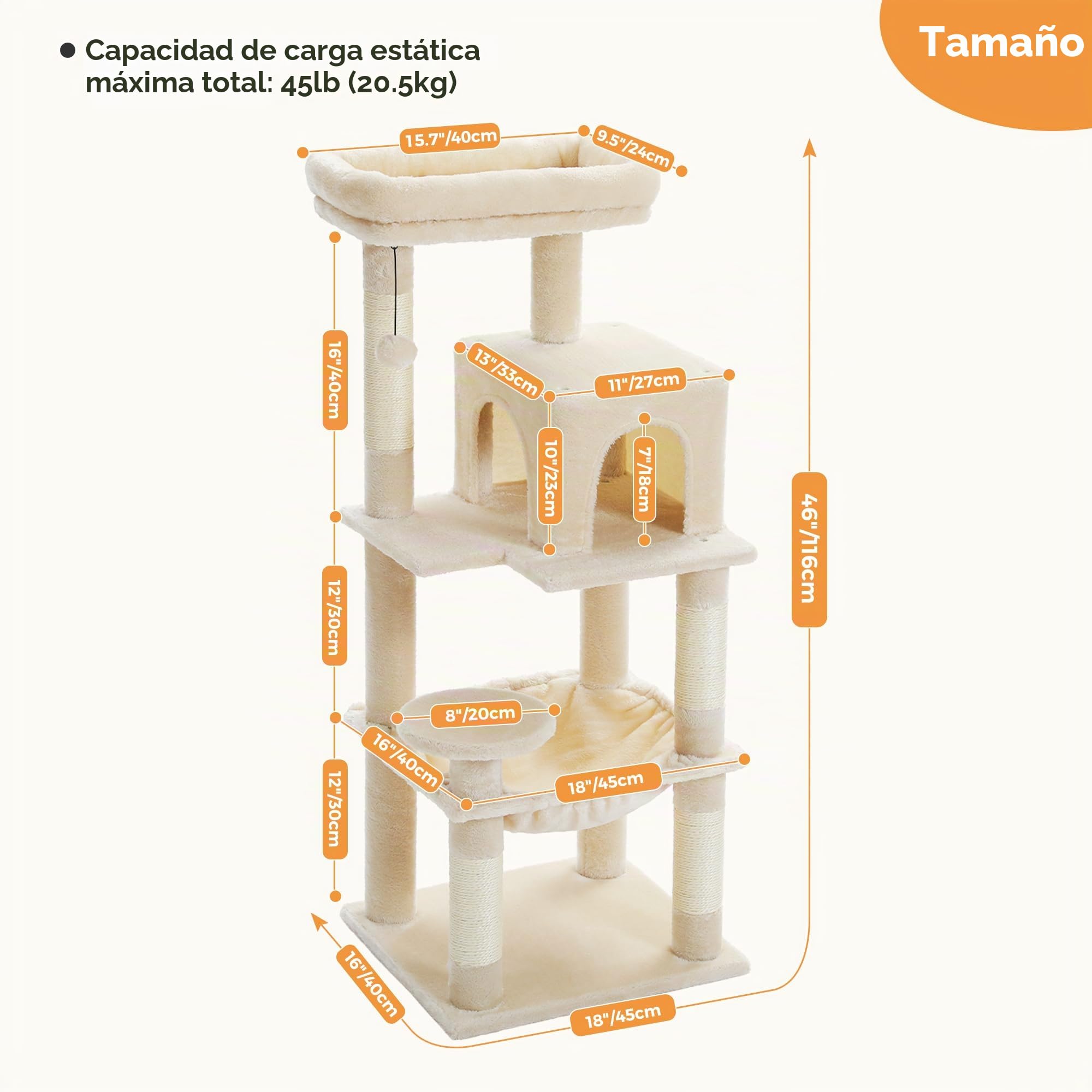 PAWZ Road Árbol para Gatos Con Hamaca de Felpa de Metal, Torre Con Casa Condo de 2 Puertas, Estantes de 6 Niveles Con Poste Rascador, Gran Barra Superior Beige 116 cm