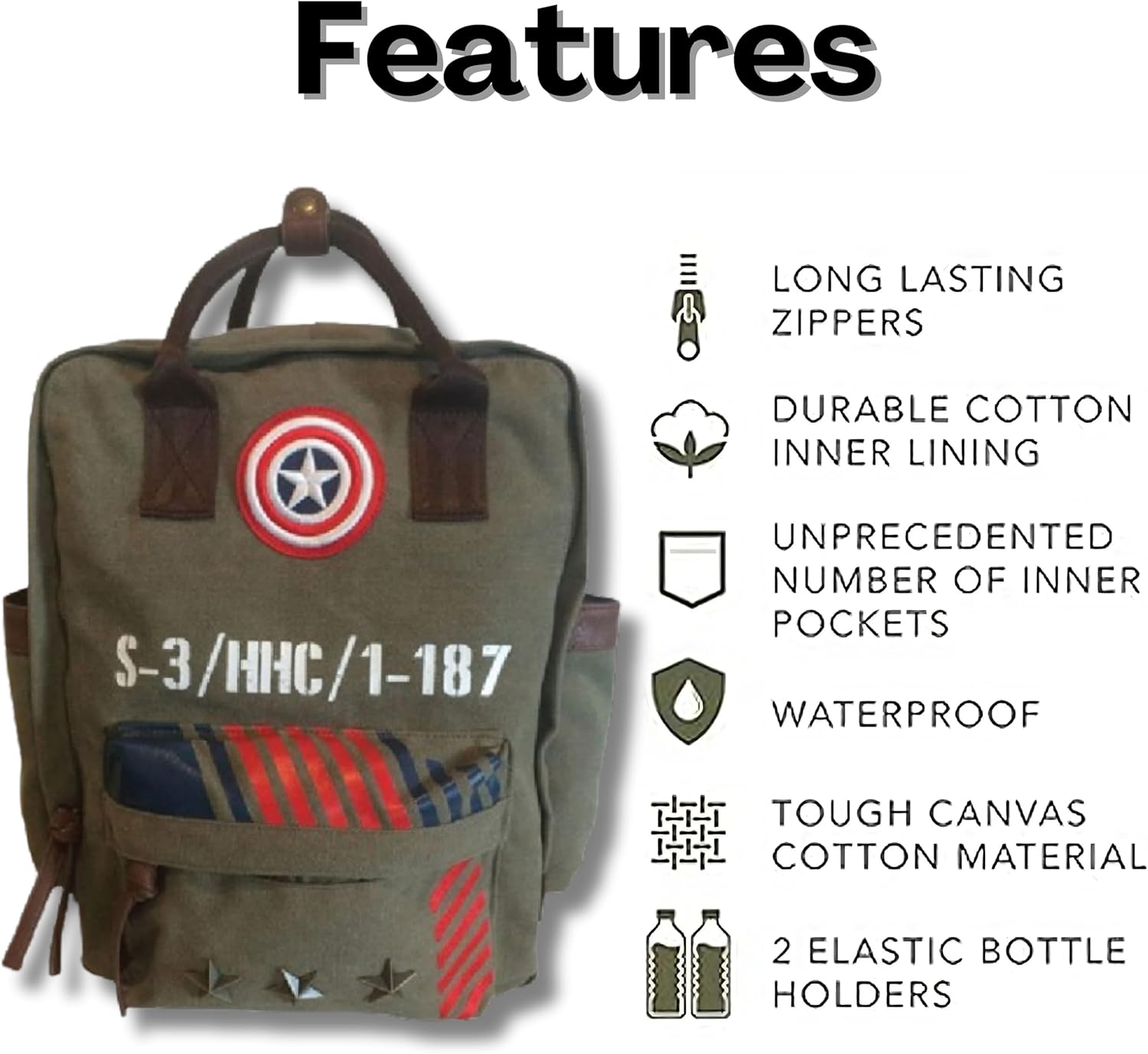 Marvel Captain America Vintage Military Army Canvas Large Laptop Backpack | Travel Rucksack & Work bag | Durable Zip-Top Canvas with PU Leather Straps & Pockets for Adults, Teens - Image 2