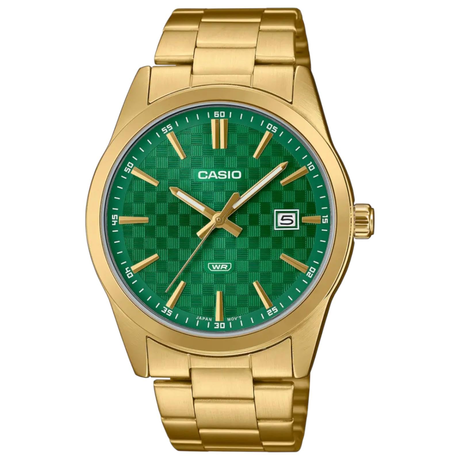 MTP-VD03G-3A Men's Standard Gold Tone Stanless Steel Green Dial 3-Hand Analog Watch