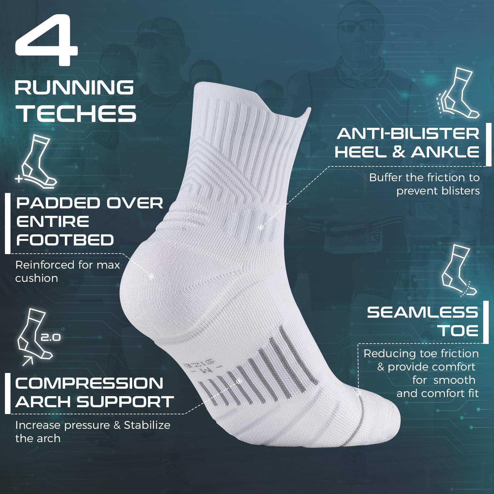 Rahhint Coolmax Lot de 3 paires de chaussettes de compression pour homme et femme Respirabilité Évacuation de l'humidité Chaussettes de sport anti-ampoules Chaussettes de marche avec motif TAB et