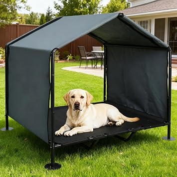 Large Dog House Outdoor with Elevated Dog Bed, Waterproof Dog Shade Shelter with Removable Back Cover, Portable Outside Dog Tent for Camping, Patio & Yard