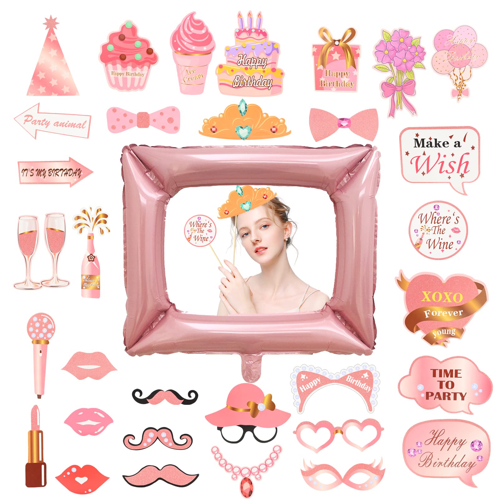 GLAITCGold Rose Selfie Frame, Inflatable Picture Frame With 33 Pcs Photo Booth Props for Any Ages, Birthday Party Decor for Girls Boys Ladies