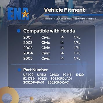 ENA Set of 4 Ignition Coil Pack Compatible with Honda Civic 2001 2002 2003 2004 2005 Acura EL 2002 2003 2004 L4 1.7L Coils for UF307 UF400 UF512 5C1451 E1012 UF307 30520P8EA00 C1460 - Black