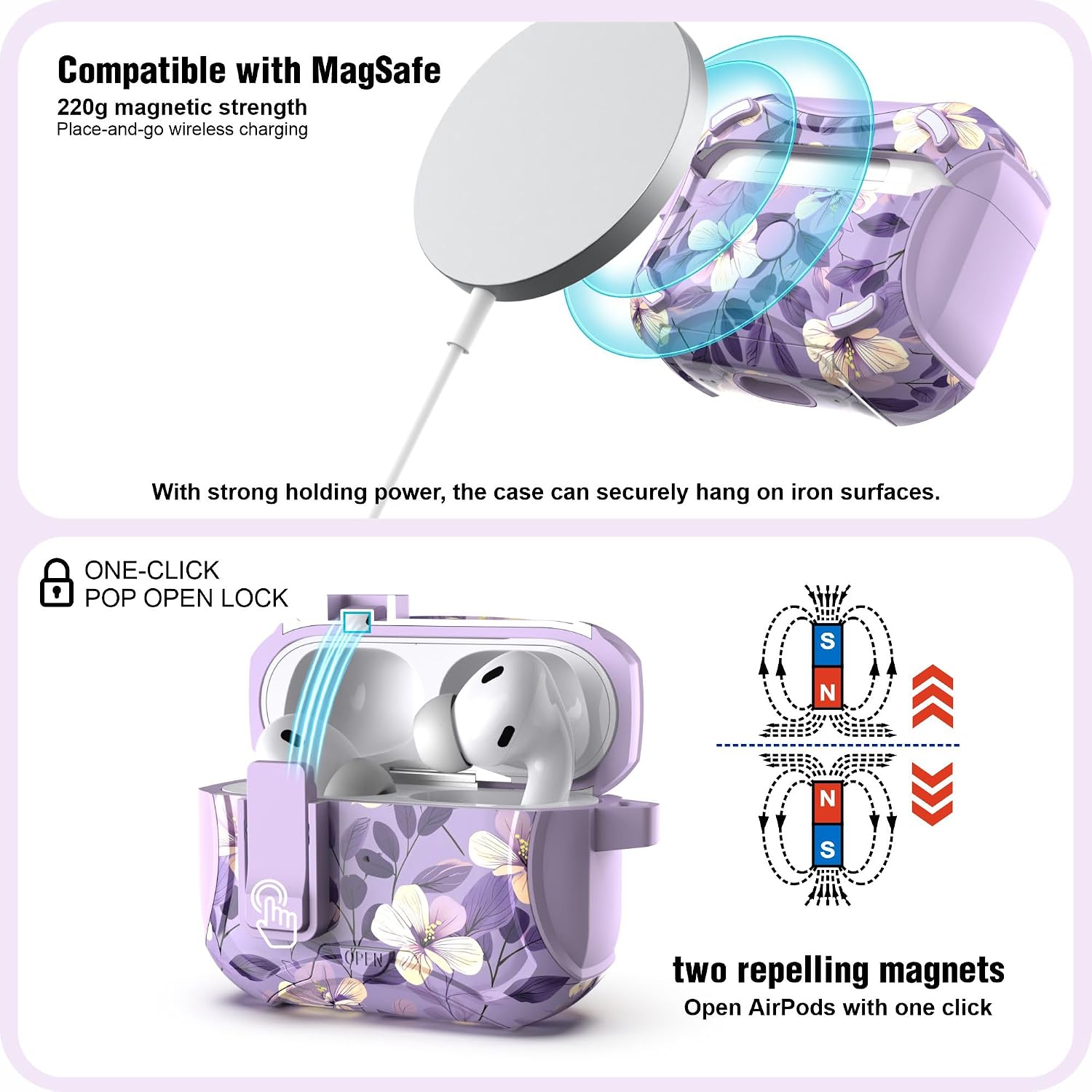 wenew Compatible with AirPods Pro 3 Generation (2025) Case Cover with Phone Stand, Cleaning Kit, Lanyard, Compatible with Magsafe, Magnetic Automatic Lock iPod Pro 3 Case (Purple 2, AirPods Pro 3) image 4
